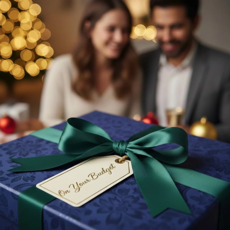 Blue patterned gift box with a green ribbon and a tag that reads on your budget.