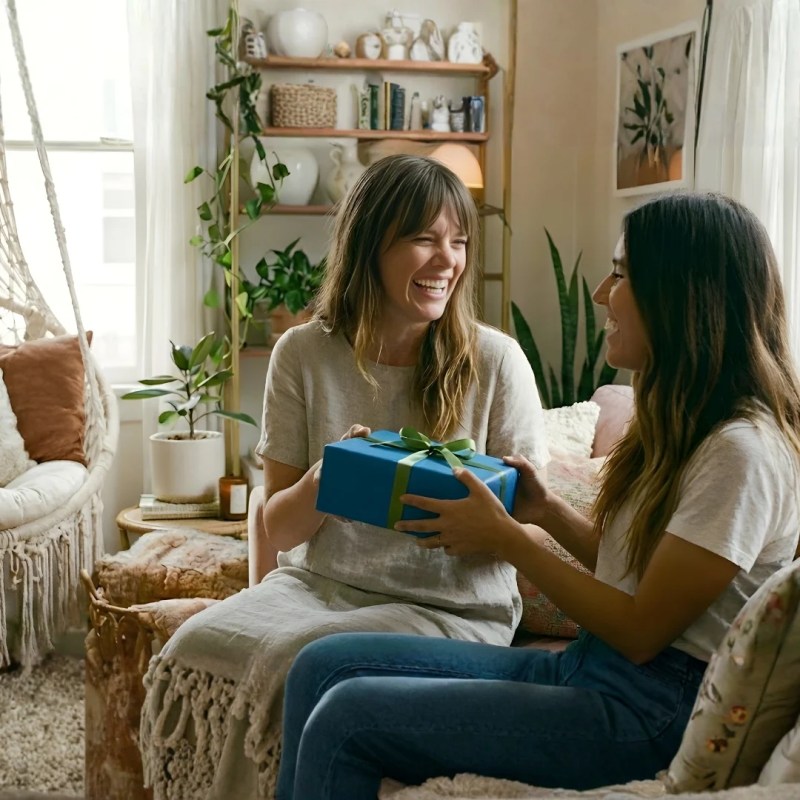 Two women laughing together as one presents a blue gift box with a green ribbon.