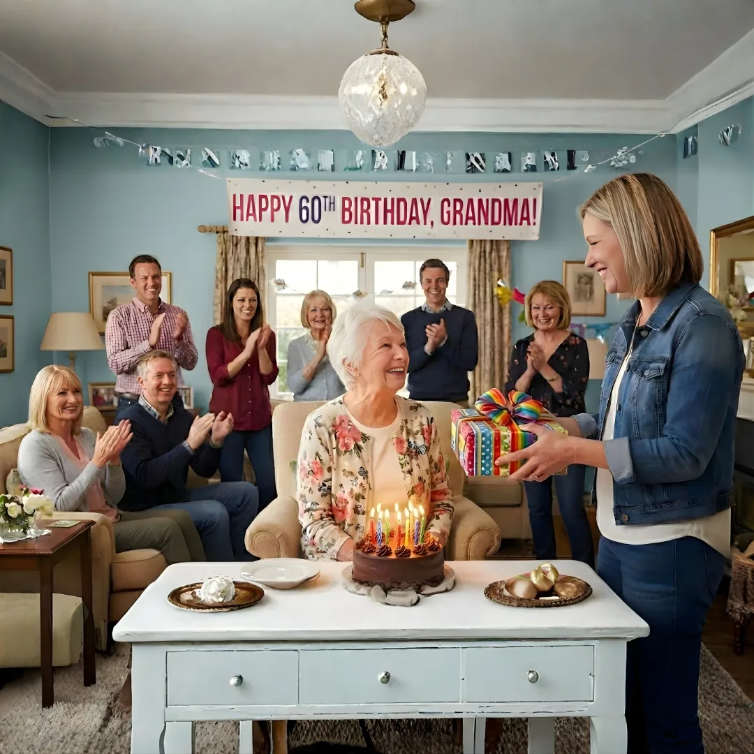 Family gathered around a grandmother celebrating her 60th birthday.